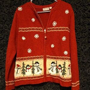 Croft & Barrow Red Snowman Cardigan Nordic Patterns Winter Christmas SWEATER zip